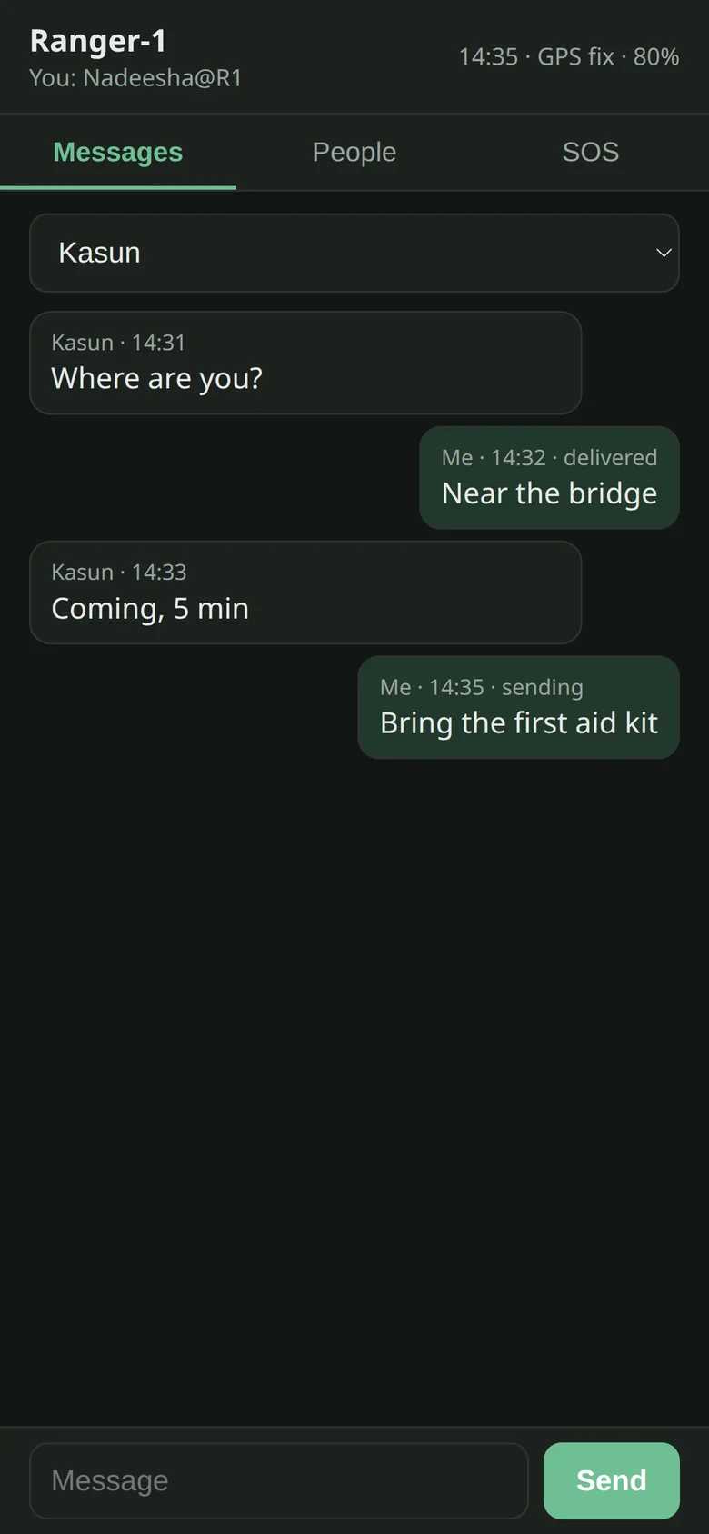 Messages: a private chat showing sending and delivered